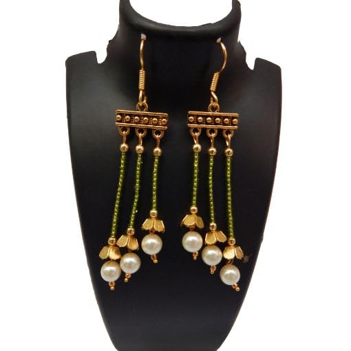 Mehndi Green Glass Seed Beaded with Pearl Earrings - Image 3