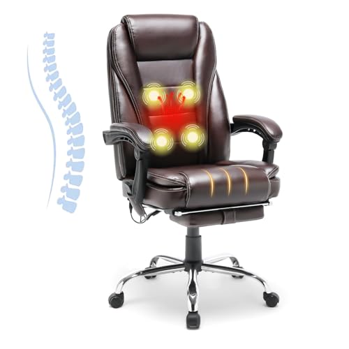 HOMREST 4-Point Massage Reclining Office Chair, Leather Heating Executive Chair, Ergonomic Home Office Desk Chair with Retractable Footrest,Computer Chair for Home Office, Study, Gaming (Brown)