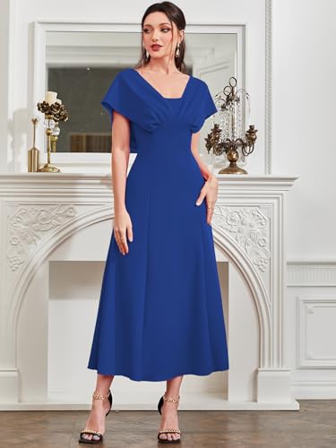 Image of Shasmi Women's & Girl's Solid A-Line Maxi Dress | V-Neck Pleated Bodice | Cap Batwing Sleeves | Fit & Flare Evening Gown (Dress 274)