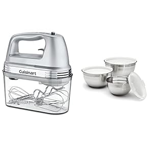 Cuisinart HM-90BCS Power Advantage Plus 9-Speed Handheld Mixer with Storage Case, Brushed Chrome & CTG-00-SMB Stainless Steel Mixing Bowls with Lids, Set of 3
