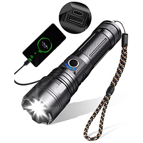Maxesla Type C LED Torch Rechargeable 8000LM Gifts for Men Dad Kids, 3000mAh Battery Torches LED Super Bright, IPX5 Waterproof Rechargeable Torch 5 Modes Adjustable Focus, Camping Torch with USB Port Cover