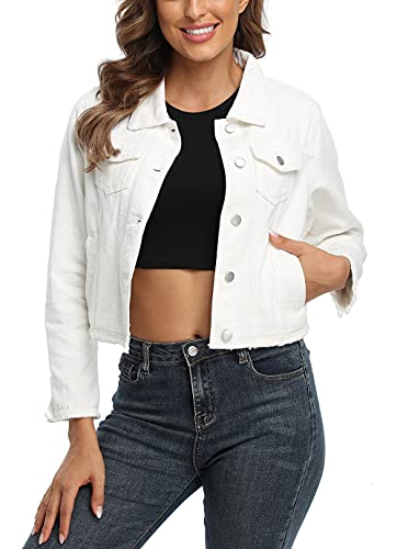MISS MOLY Jean Jacket Women’s Frayed Washed Button Up Cropped Denim Jacket w 2 Side Pockets