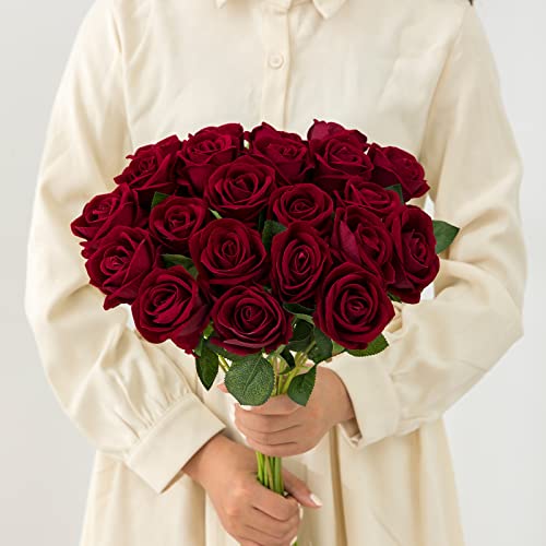 12PCS Artificial Roses Silk Flowers Fake Roses Bouquet Long Stem for Home Wedding Decoration Party (Wine) - Thumbnail 2