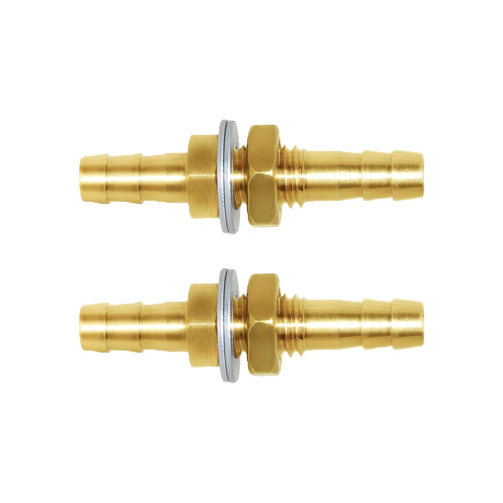 Joywayus 2pcs 1/4'' Hose Barb Thru-Bulk Head Hex Union Brass Fitting with Flat Washer Gasket Water/Fuel/Air