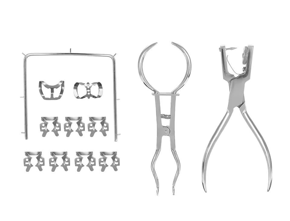 Dental Rubber Dam Kit Stainless Steel Dental Procedure Tools,Rubber Dam Clamps, Punch Plier, Endodontic Supplies, and Dental Isolation Tools,12Pcs with A Portable Storage Bag
