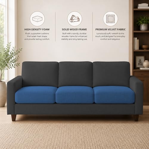 Image of Casaliving Gladino Modern Velvet Fabric Sofa, Tufted Design Upholstered 3 Seater Sofa Set for Living Room, Premium Velvet Fabric Sofa (Blue Black)