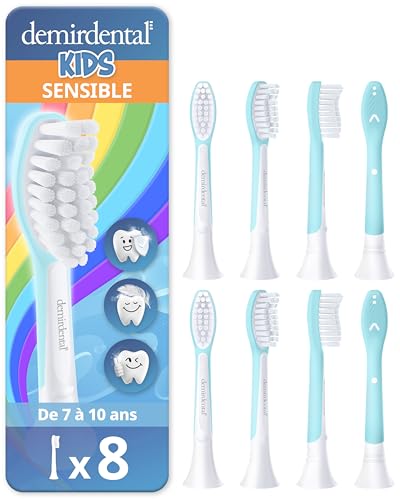 demirdental tête de brosse pour Philips Sonicare Kids tête de brosse enfants, pour les premières dents permanentes, Enfants de 7 à 10 ans, remplace HX6048 HX6044, Turquoise, Lot de 8