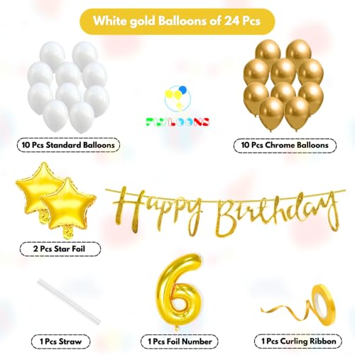 Image of Flyloons 6th Happy Birthday Decoration Kit Gold White for Boys Girls Kids Twins Men Women With 20 Pcs Chrome Balloons Birthday Banner 2 Pcs Star Items Set Golden