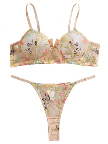 Image of Sexy Floral Embroidered Flower Mesh Underwire Push Up Lingerie Set