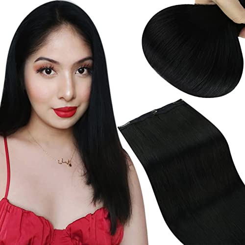 Sunny One Piece Human Hair Extensions Clip in Off Black Hair One Piece Extensions Natural Hair Black One Piece Double Weft Hairpiece #1 Black Clip in One Piece Hair Extensions 70g 16inch