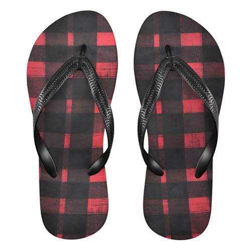 Black and Red Plaid Women's Flip Flop Sandal Casual Summer Sandals, Mens Flip Flops for Beach Outdoor XS