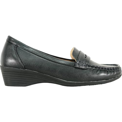 Image of KOZI Women Comfort Casual Wedge Shoe Slip-On Loafer ML Collection Round Toe Penny Loafer Removable Insole Black Champagne