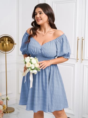Image of SCOMCHIC Womens Plus Size Summer Dresses Casual Sun Dress Sweetheart V Neck Puff Short Sleeve Smocked A Line Mini Dress