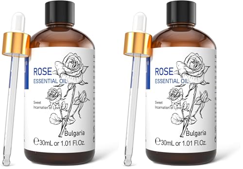 Image of HIQILI Rose Essential Oil 1 Fl Oz, 100% Natural Therapeutic Grade for Aromatherapy, Diffuser, Skin Care, Massage, Includes Premium Quality Glass Dropper (Pack of 2)