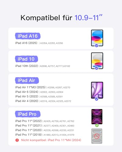 Inateck iPad 11(A16) Hülle mit Tastatur, iPad 10 Gen. Hülle mit Tastatur, für iPad Air 11" M4/ M3/M2 (2026/2025/2024),Air 5/4, Pro 11,QWERTZ,Ultraleichte Tastatur mit Stifthalter,AirTap BK2007 2