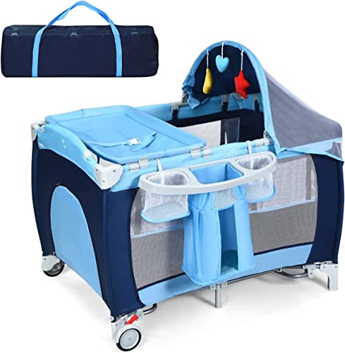 Costway Cuna 4 En 1 Para Niños, Moisés Plegable Para Niños, Ruedas, Bolsillos, Puerta Lateral Con Cremallera, Juguetes Colgando Y Carillón, Centro Actividad Portátil Para Niños Con Bolsa Azul Costway Cuna 4 En 1 Para Niños, Moisés Plegable Para Niños, Ruedas, Bolsillos, Puerta Lateral Con Cremallera, Juguetes Colgando Y Carillón, Centro Actividad Portátil Para Niños Con Bolsa Azul
