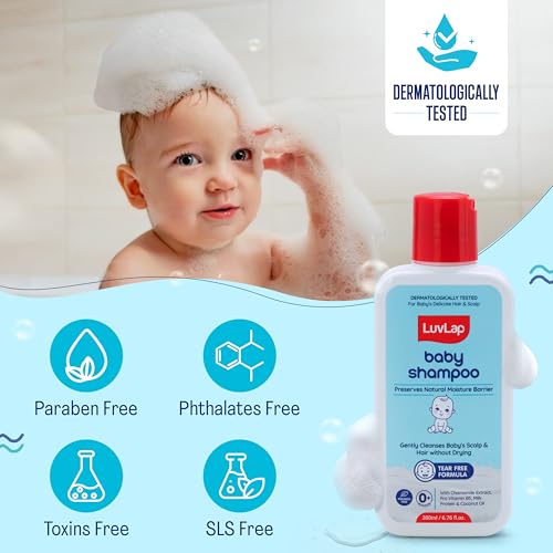 Image of LuvLap Milky Soft Baby Shampoo - 200ml, Tear Free Formula, with Milk Protein, Vitamin E & Coconut Oil, Shea Butter & Chamomile, Gentle Care for Baby's Soft Hair, No Paraben, Dermatologically Tested
