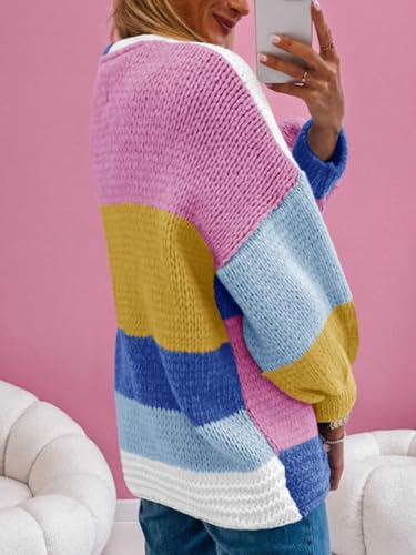 Saodimallsu Womens Color Block Oversized Cardigans Long Lantern Sleeve Open Front Chunky Knit Fall Sweater Coats2