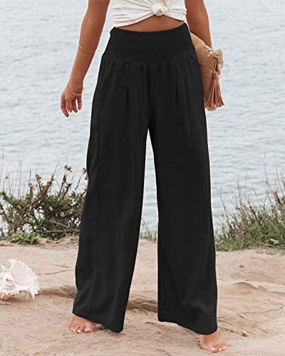 Vansha Women Summer High Waisted Cotton Linen Palazzo Pants Wide Leg Long Lounge Pant Trousers with Pocket2