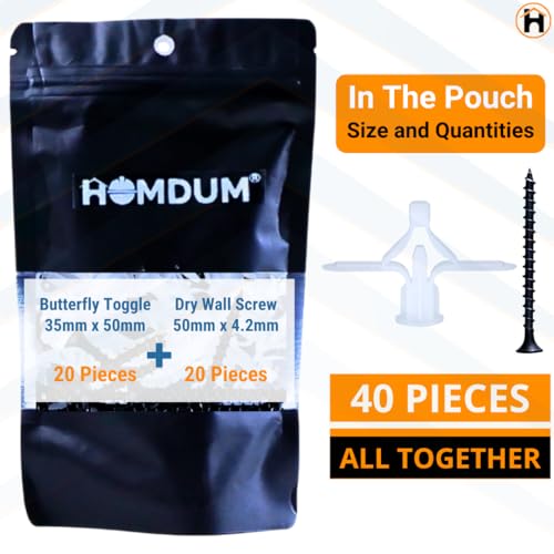 Image of Homdum Toggle Drywall anchor - Butterfly Nylon Plug Size 10 x 35 mm 20 nos with Drywall screw 20 nos total items 40 nos.