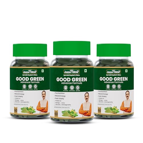 Image of Jeena Sikho Good Green Advance Formula Tablets | Natural Daily Nutrition for Energy, Vitality & Immunity | With Moringa, Amla, Aloe Vera & Ashwagandha | Natural Nutraceutical, 60 Tablets, Pack of 3