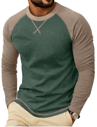 QIXING Herren Langarmshirt aus Baumwolle Rundhalsausschnitt | Weiches Crew Neck Langarmshirts mit X-Stickdesign | Anti-Einlaufend Bequem Herren Oberteil (Grün, L)