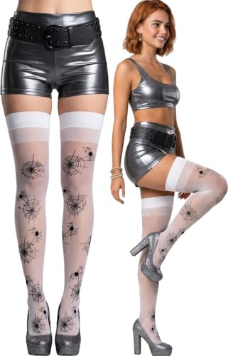 Image of ToBeInStyle Women's Spiderweb & Crawling Spider Print Hosiery Tights & Thigh High Stockings