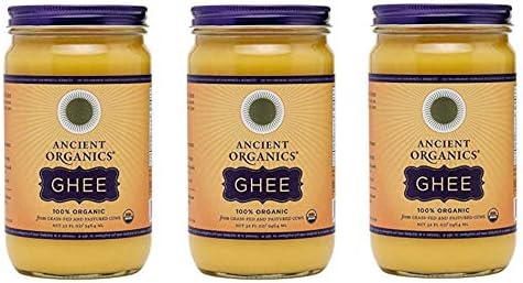 Ancient Organics Ghee, Organic Grass Fed Gluten Free Clarified Ghee Butter with Vitamins & Omegas, Lactose Reduced, 100% Certified Organic, Kosher, USDA Certified, Made in USA – 32 Fl Oz (Pack of 3)