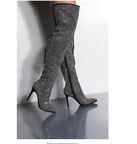 Women's All Over Diamond Rhinestone Stripe Front Slouchy Thigh High Stiletto Boots2