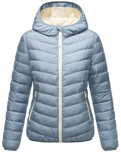 MARIKOO Damen leichte Übergangsjacke Kurze Steppjacke mit innen eingenähter Tragetasche zum einfachen Verstauen und praktischem Umhängen der Jacke Pack Mich EIN Powder Blue Gr. XL