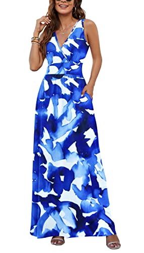 Image of AUSELILY Maxi Dresses for Women Summer Casual Sleeveless V Neck Wrap Dress | Sleeveless Long maxi dress with wrap V neck & side pockets, for formal cocktail, beach & casual daily wear