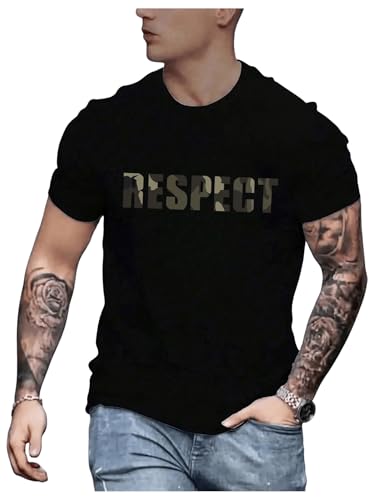GORGLITTER Men's Camo Letter Print Crewneck T Shirts Short Sleeve Graphic Casual Tops Black L