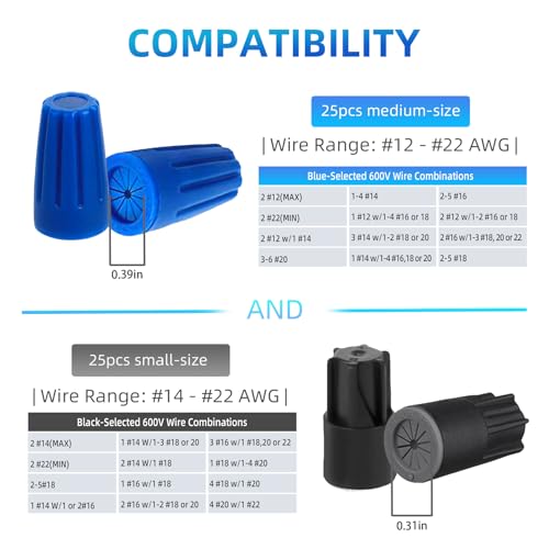 40PCS Waterproof Outdoor Wire Electrical Connectors,Sealant Twist Nuts Caps Cable Terminal Connector Gel for Landscape Light, Building Application, Wet Location Installation, 22AWG-12AWG, Black&Blue - Thumbnail 4