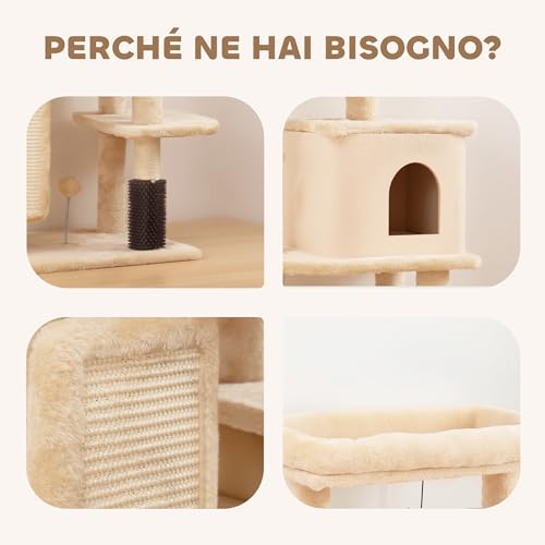 Pawhut Albero Tiragraffi Multilivello Alto 132 Cm, Palestra Per Gatti Con Casetta, Lettino Per Gatti, Pali Tiragraffi, Piattaforma, Spazzola E Pallina, Dispositivo Antiribaltamento, Beige - 6