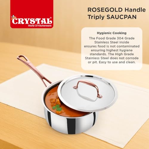 Image of Crystal TriPro -Triply Stainless Steel Saucepan with Lid - 18 cm (Induction Bottom), with Rose Gold Handle (CTP-SP-003A)