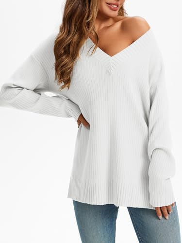 Saodimallsu Womens V Neck Sweater 2025 Fall Oversized Ribbed Knit Trendy Slit Casual Loose Fit Long Sleeve Pullover Top4