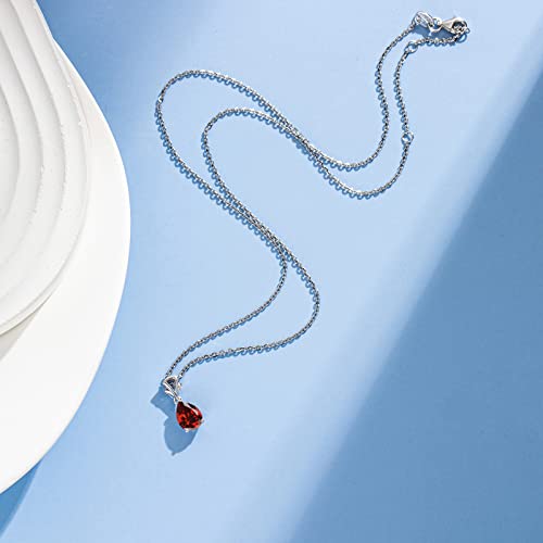 Fancime Natural Garnet Necklace 14K Solid White Gold Teardrop Pendant January Birthstone Birthday Gifts For Mom Women Girls, Sterling Silver Chain 16" + 2" Extender #TOP4