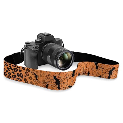 GLENLCWE Orange Bat Leopard Print Camera Strap,Halloween Canvas Shoulder Neck Strap Belt with Buckles Fit All Cameras,2''Wide Strap for Adults Kids Photographers