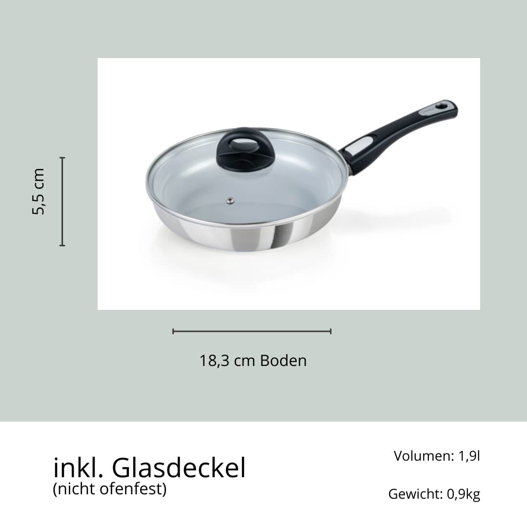 Genius Cerafit Steel Bratpfanne 24cm + Glasdeckel - ofenfeste Keramikpfanne mit kratzfester Antihaft-Beschichtung | Induktion-Pfanne mit abnehmbarem Griff für alle Herdarten