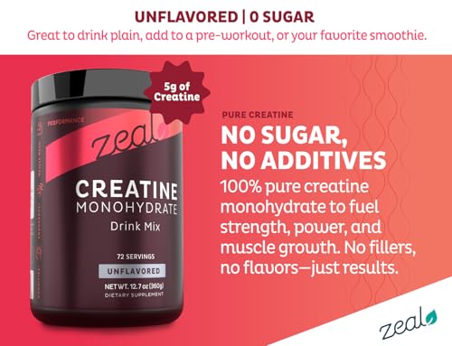 Zeal Creatine Monohydrate Unflavored Powder, 5000 mg per Serv (5g) | 72 Servings