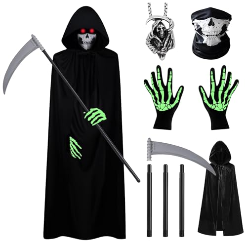 NebulaGlam 6 Pièces Costume de Faucheuse Noire Enfant, Déguisement de Faucheuse Squelette d'Halloween, Faucheuse Halloween Deguisement avec Cape, Gants, Faucille en Jouet, Masque, Collier Faucheuse
