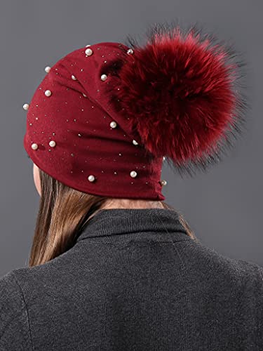 Womens Slouchy Beanie Hat With Real Raccoon Fur Ball Pompom Cotton Pearls Winter Fall Hat #TOP1