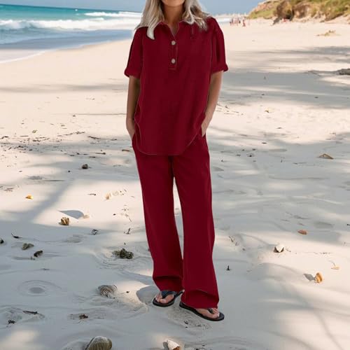 Tenues 2 pièces lin et coton anti chaleur ensemble ample taille élastique - 2