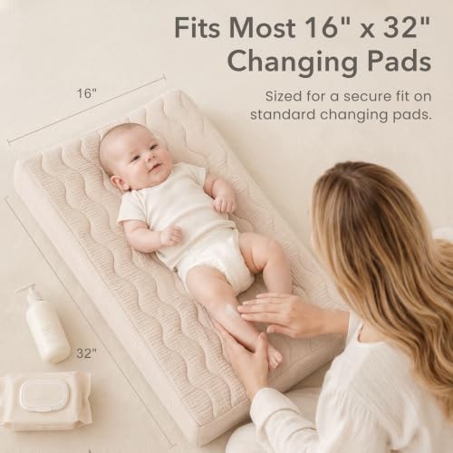 Image of Konssy 2 Pack Quilted Muslin Changing Pad Cover, Waterproof Layer 32 inch x 16 inch | 100% Cotton Surface with Silent Protection, Soft Changing Table Sheets, for Baby Boys and Girls (Biscotti)