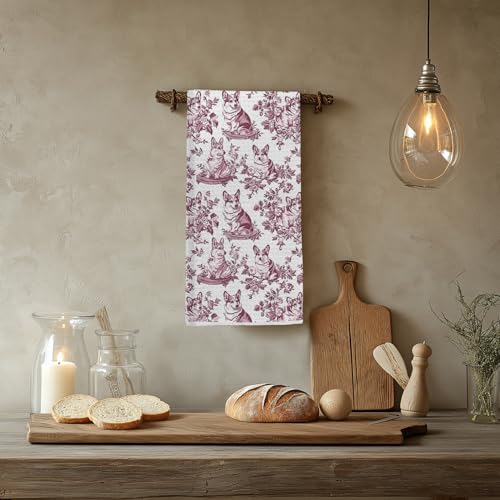 Image of Chinoiserie Corgi Dog Kitchen Towels, Gifts for Corgi Lovers Dish Tea Towels for Kitchen Decor, Grandmillennial Toile de Jouy Dog Decorative Hand Towels for Bathroom, 16x24 Inch(Red)