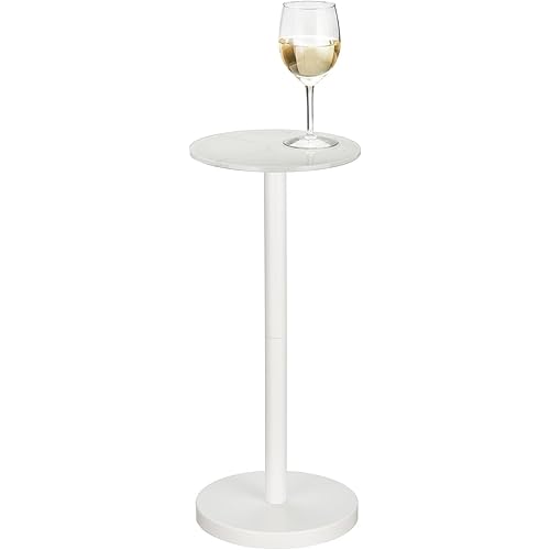 mDesign Glass Top Side/End Drink Table - Small Modern Round Accent Metal Nightstand Furniture for Living Room, Dorm, Home Office, and Bedroom - 9" Round - White Marble/White Print