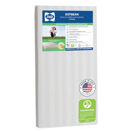 SEALY BABY 2 Stage Infant Crib Mattress Plus Toddler Bed Fit, Breathable, Resistant to Stain Cover, Dual Firmness & Ultra-Lightweight, Natural Soybean