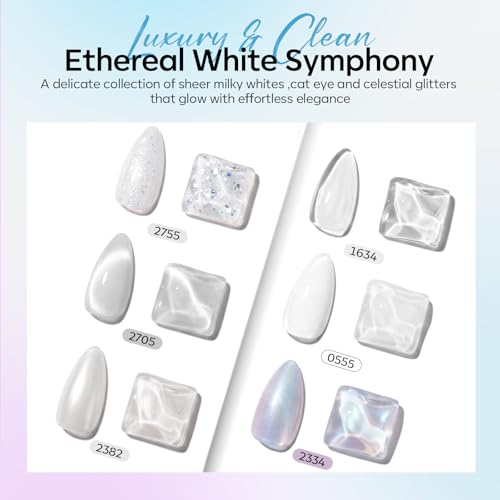 Image of modelones White Gel Nail Polish Set, 6 Colors Milky Jelly White Silver Cat Eye Pearl Glitter Gel Polish Kit with Cateye Magnet, Soak Off LED DIY Manicure Home Gift for Women