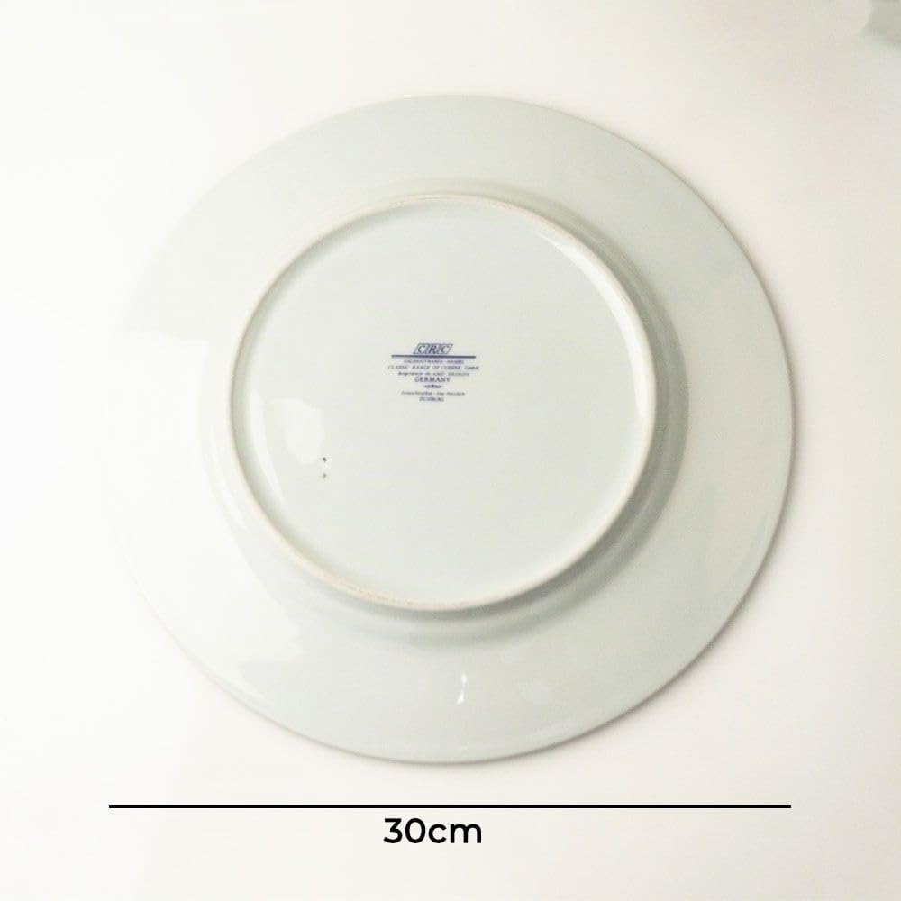 FranquiHOgar Platos de presentación (12 platos) Grandes 30 cm, Bajoplatos de Porcelana para Servir Clásicos | Juego de Platos Duisburg Blancos Decorados con Oro y un Toque de Azul Cobalto