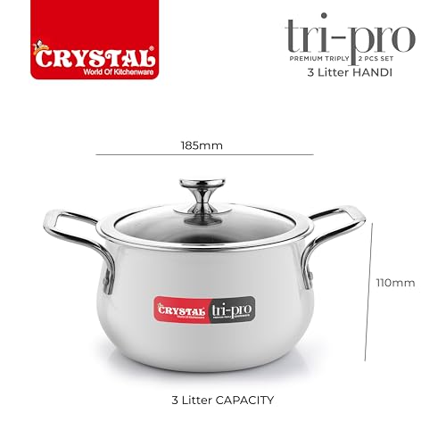 Image of Crystal Trival Triply Stainless Steel Stock Pot | 3 Liters with Glass Lid | Biryani Pot, Handi Shaped /Casserole | Weight-1.7 kg | Induction Friendly | 100% Toxin-Free | Healthy Cooking, Less Oil Use
